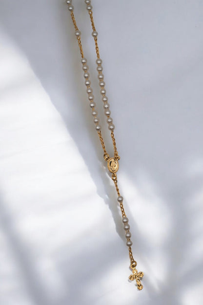 Collar De Rosario De Perlas De Nuestra Señora De Las Gracias Relleno De Oro De 18 Quilates